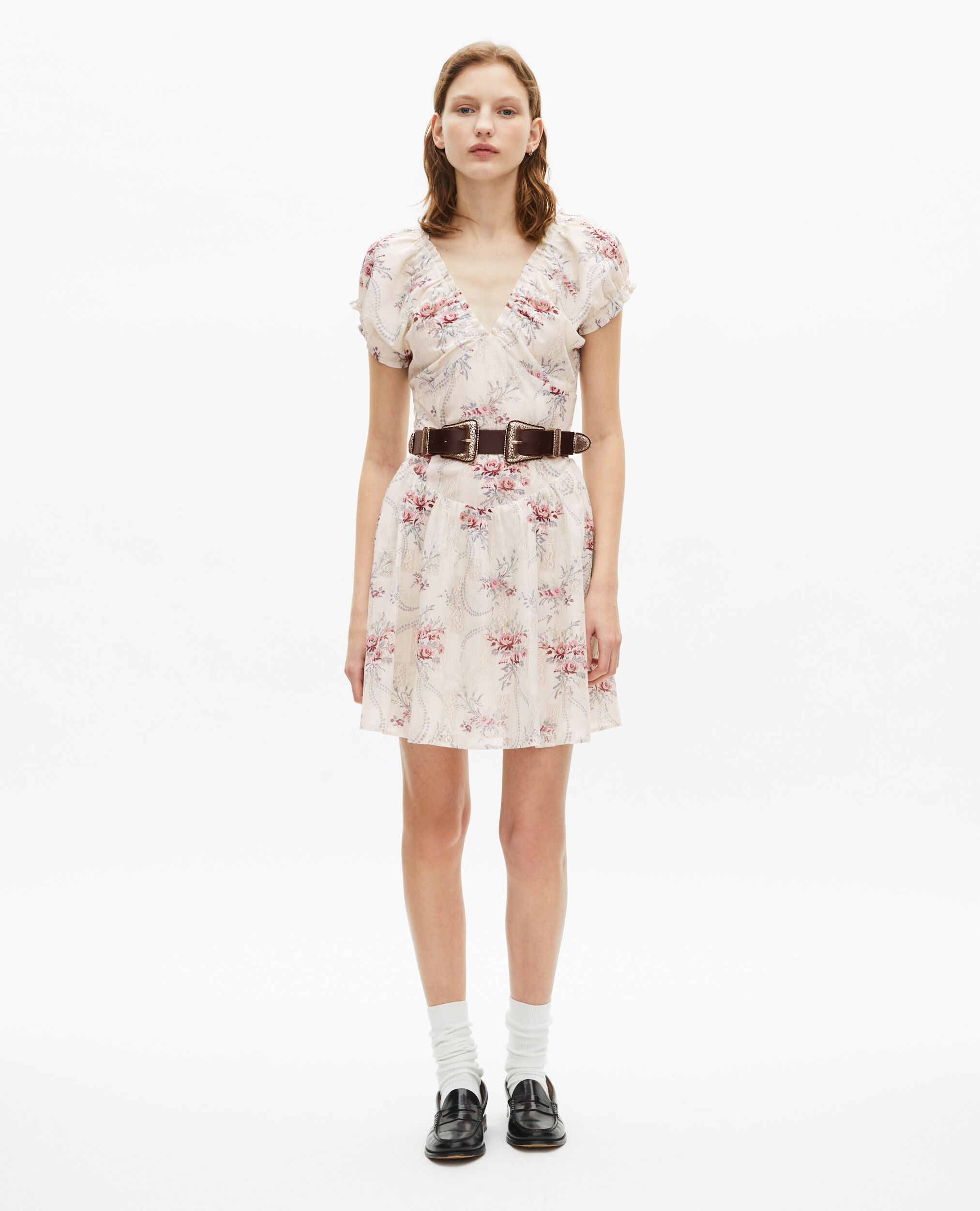 Short white floral print dress, OFF WHITE / PINK, hi-res image number null