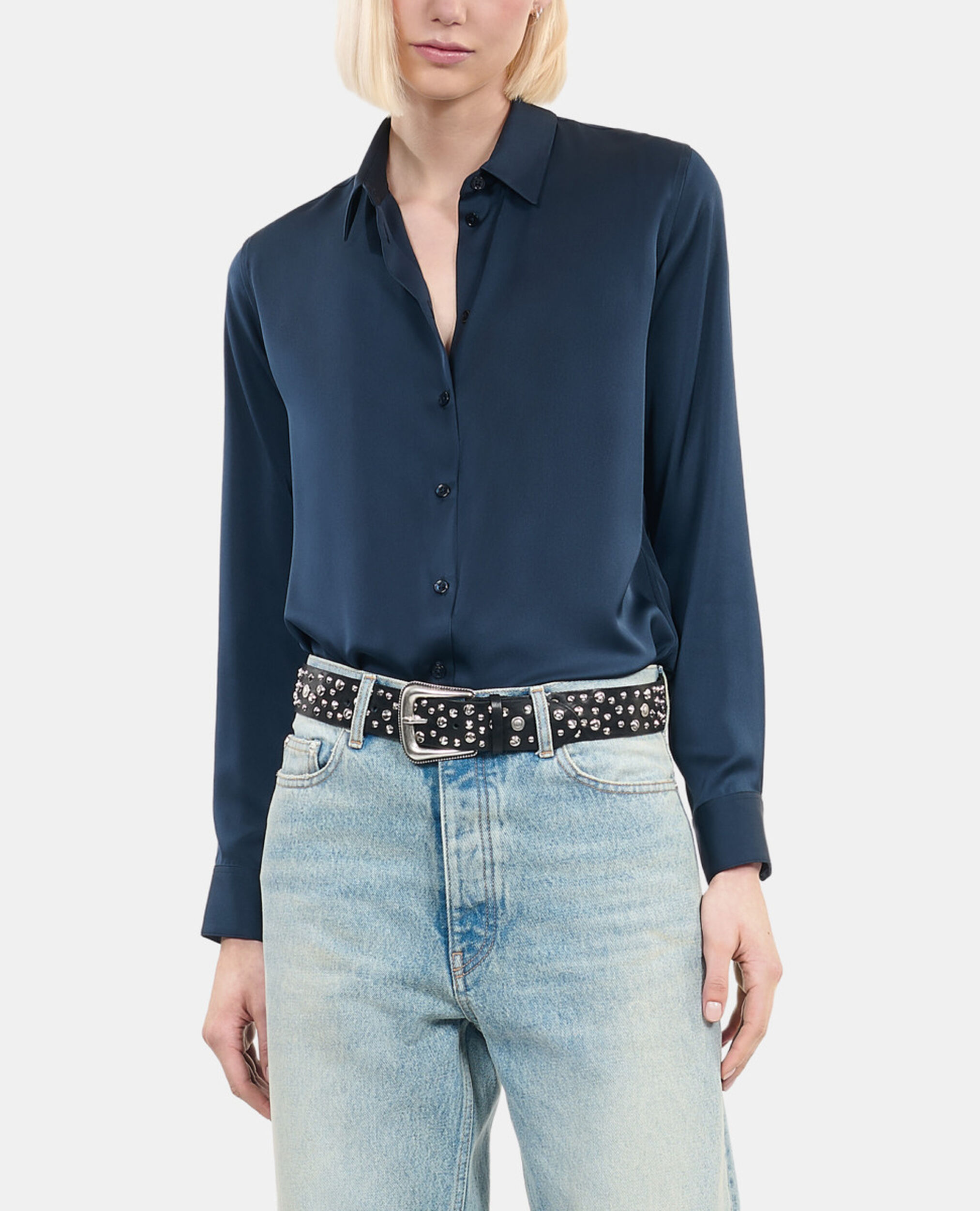 Navy blue silk shirt , DARK NAVY, hi-res image number null