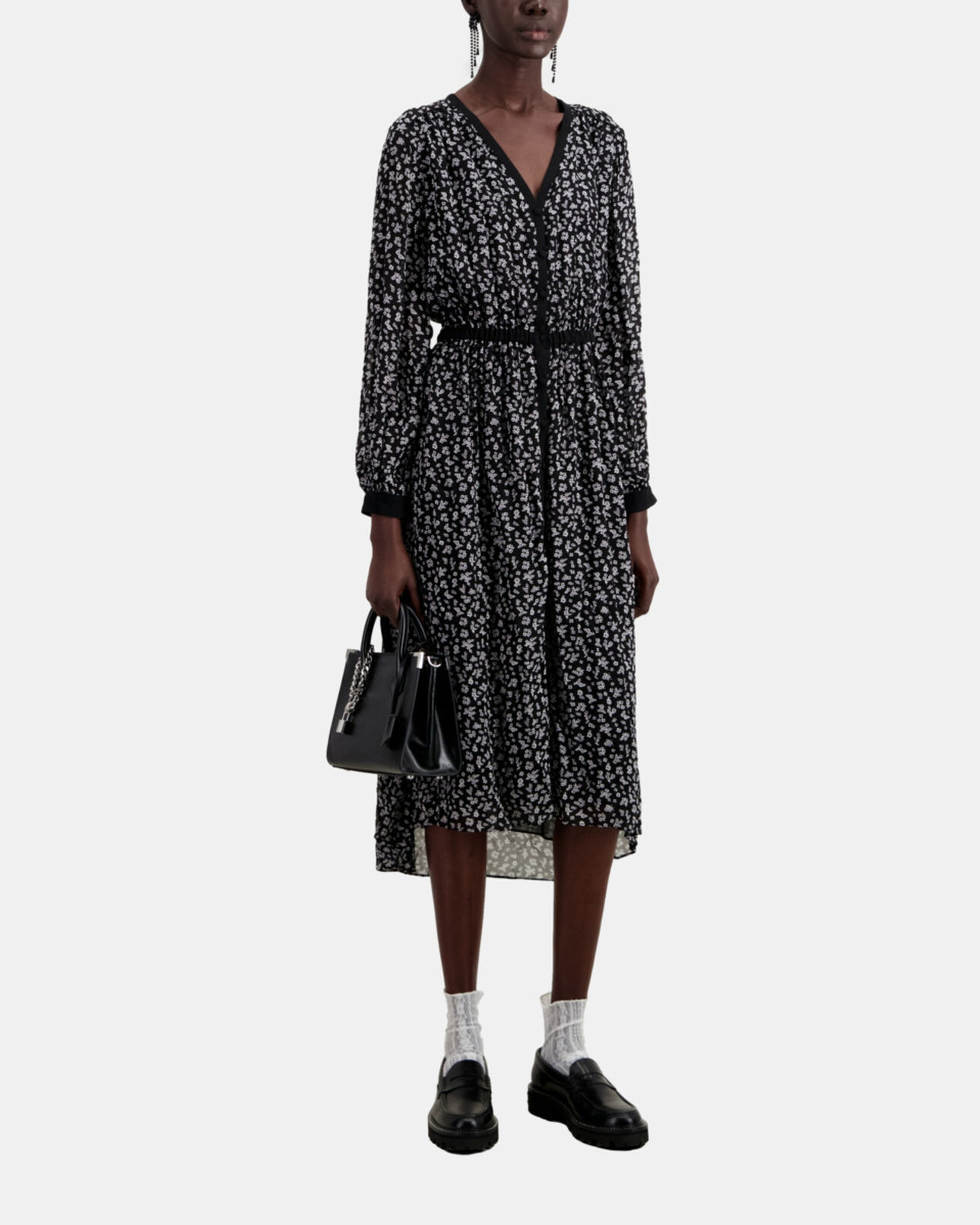 The Kooples WOMEN BLACK-ECRU long printed dress with buttoning