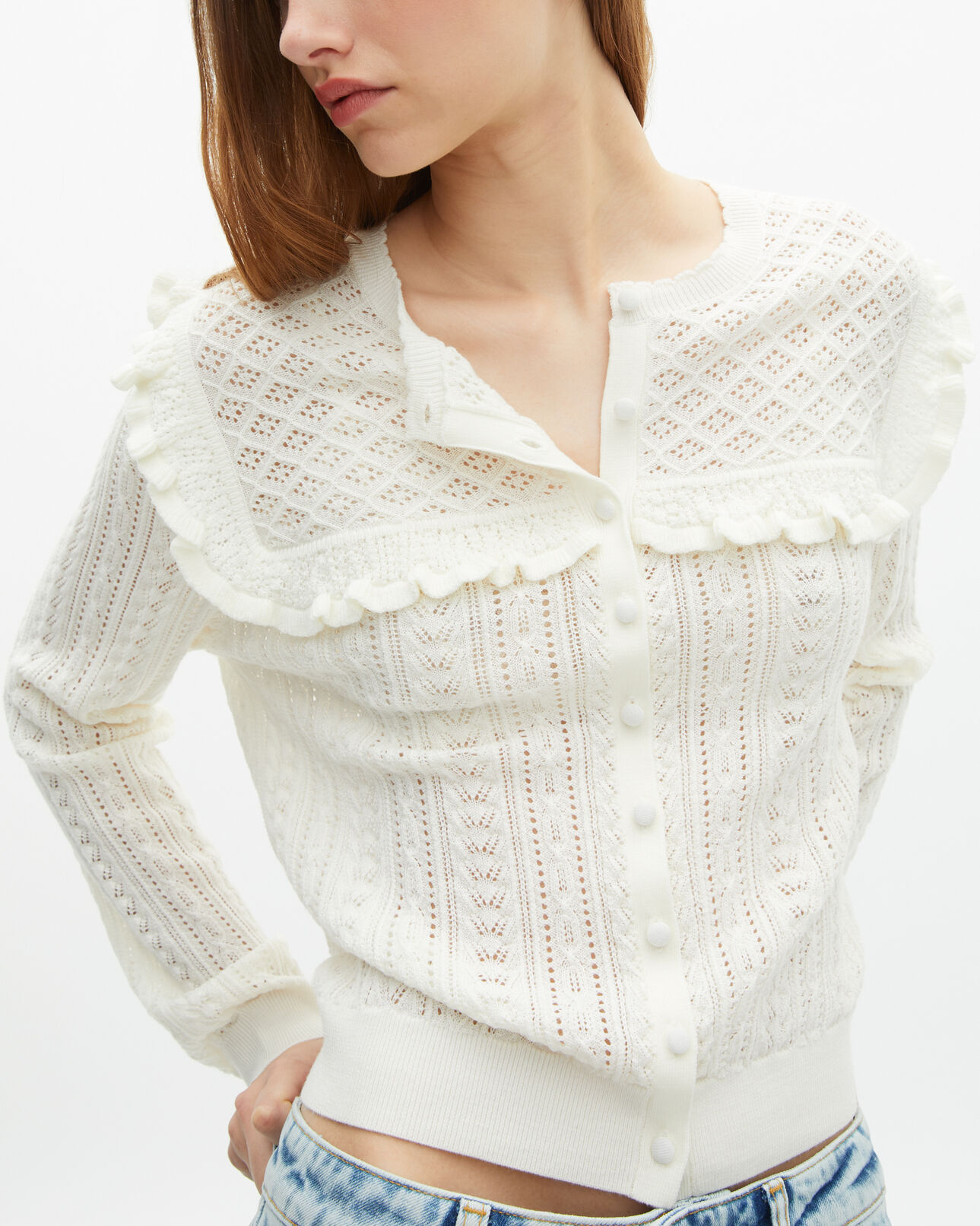 The Kooples FEMME ECRU cardigan avec volants en laine mérinos écru