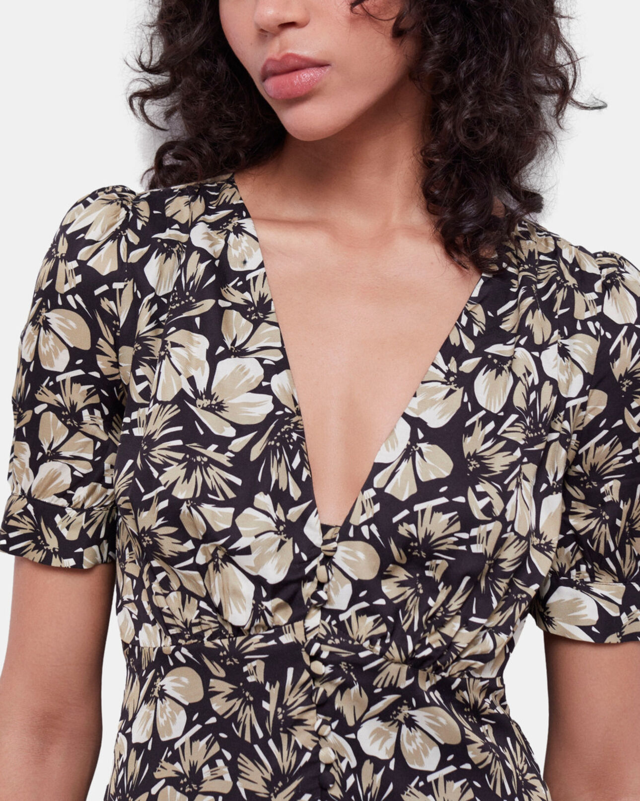The Kooples WOMEN BLACK BROWN long printed dress with buttons