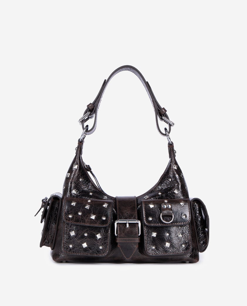 The Kooples DAMEN BROWN amelia tasche mit nieten aus braunem crackleder