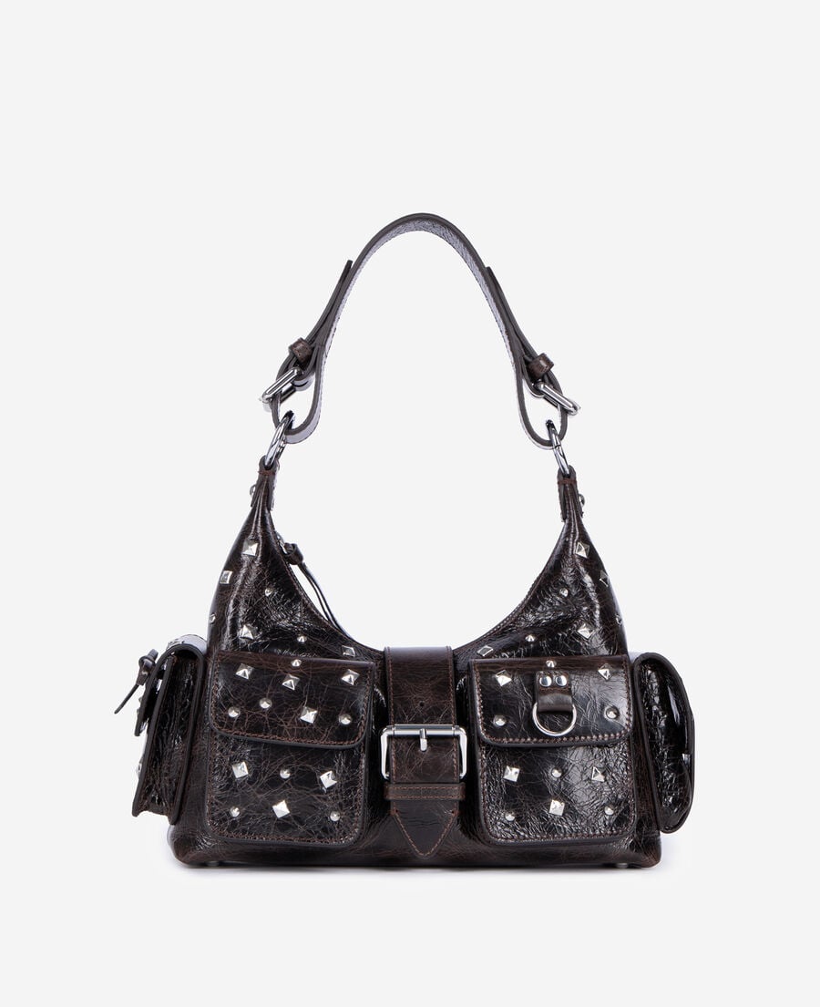 The Kooples DAMEN BROWN amelia tasche mit nieten aus braunem crackleder