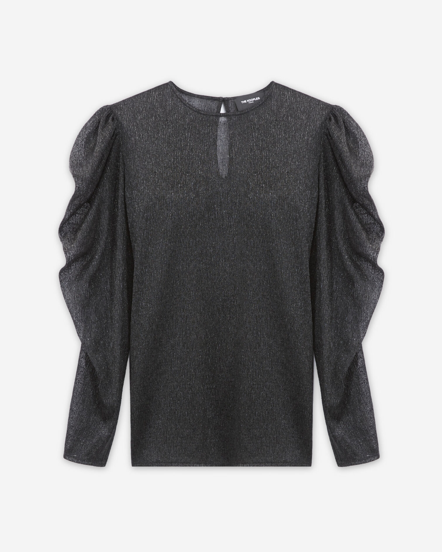 Flowing black top with puffed sleeves, BLACK, hi-res image number null