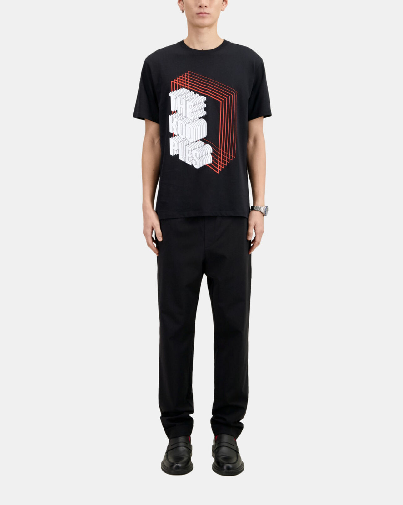 The Kooples MEN BLACK men's black t-shirt with neon logo serigraphy