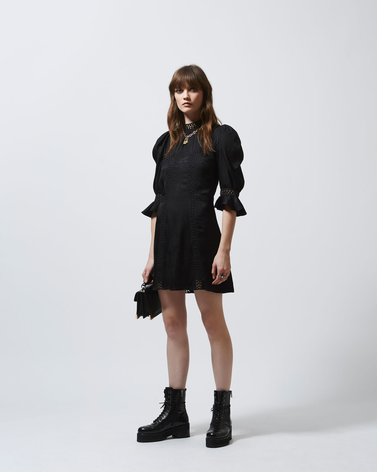 The Kooples FEMME BLACK robe courte habillée noire col montant