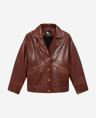 The Kooples FEMME BROWN blouson coupe large en cuir marron