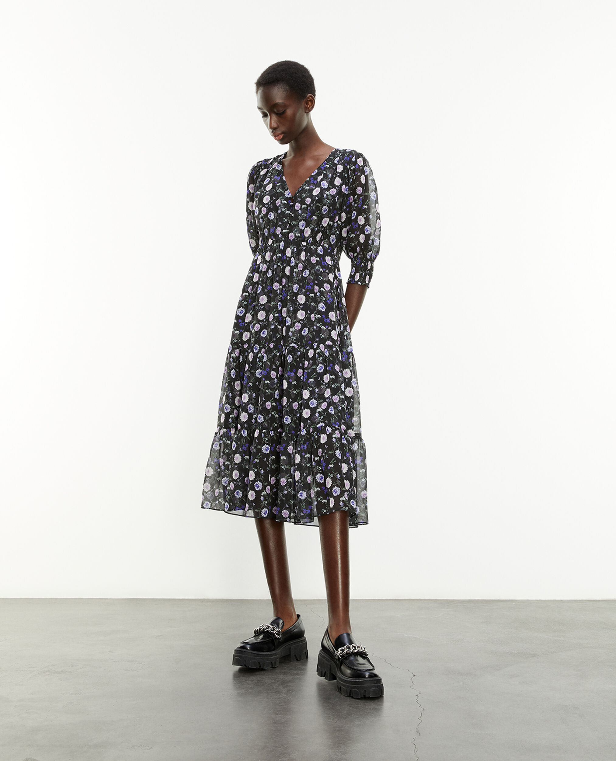 Buttoned printed midi dress with frills, BLACK-PURPLE, hi-res image number null