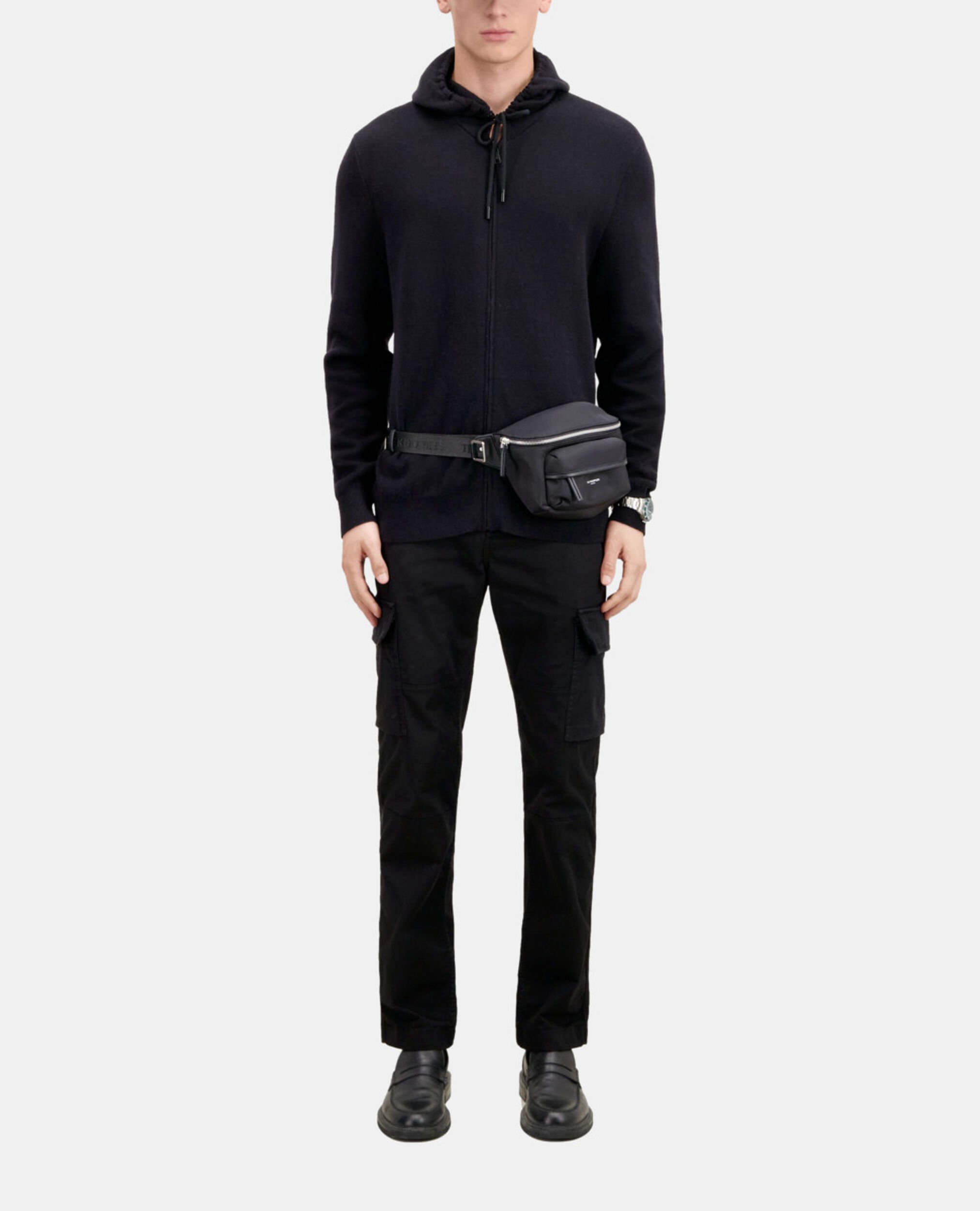 Schwarzer Cardigan mit Kapuze aus Wolle, BLACK - RED, hi-res image number null