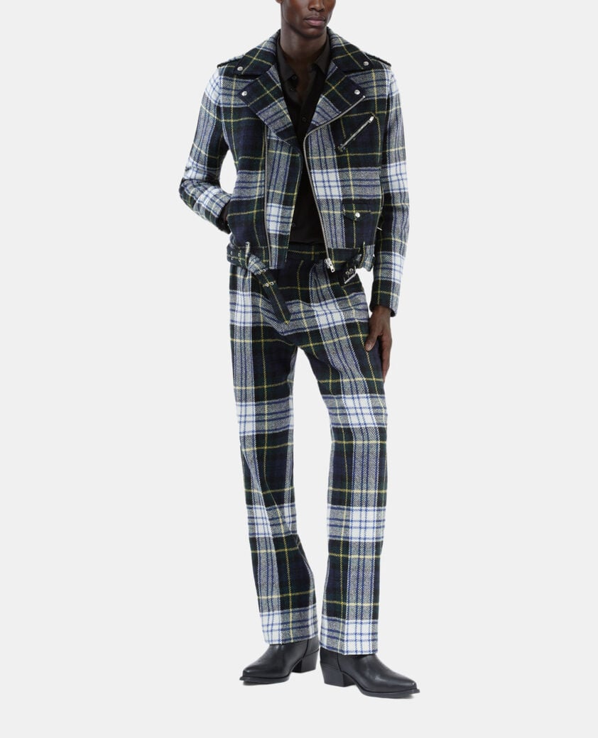 The Kooples H GREEN-WHITE green and navy blue check wool biker jacket the kooples x harris twed