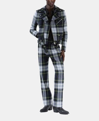 The Kooples H GREEN-WHITE green and navy blue check wool biker jacket the kooples x harris twed