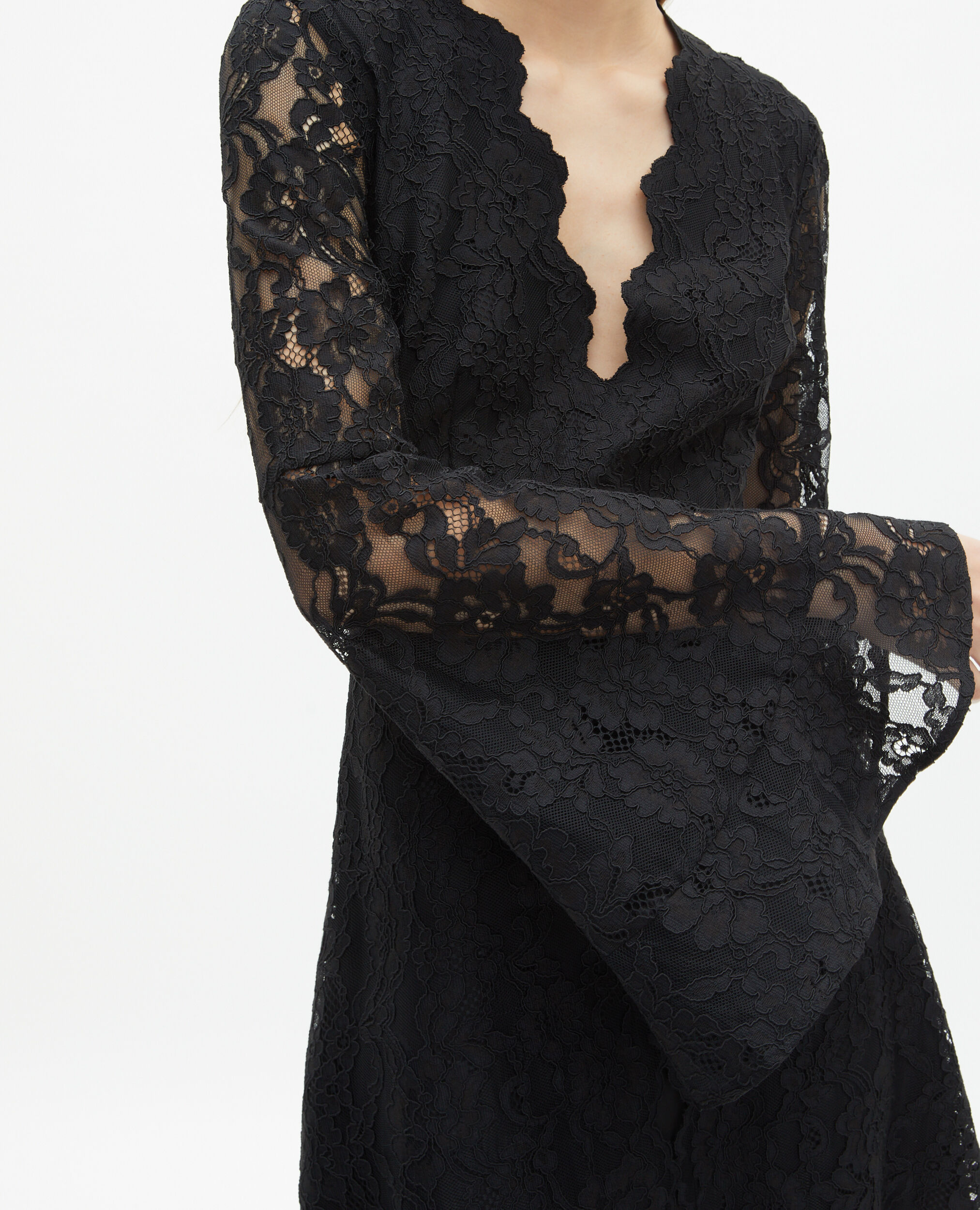 Short dress with flared sleeves in black lace, BLACK, hi-res image number null