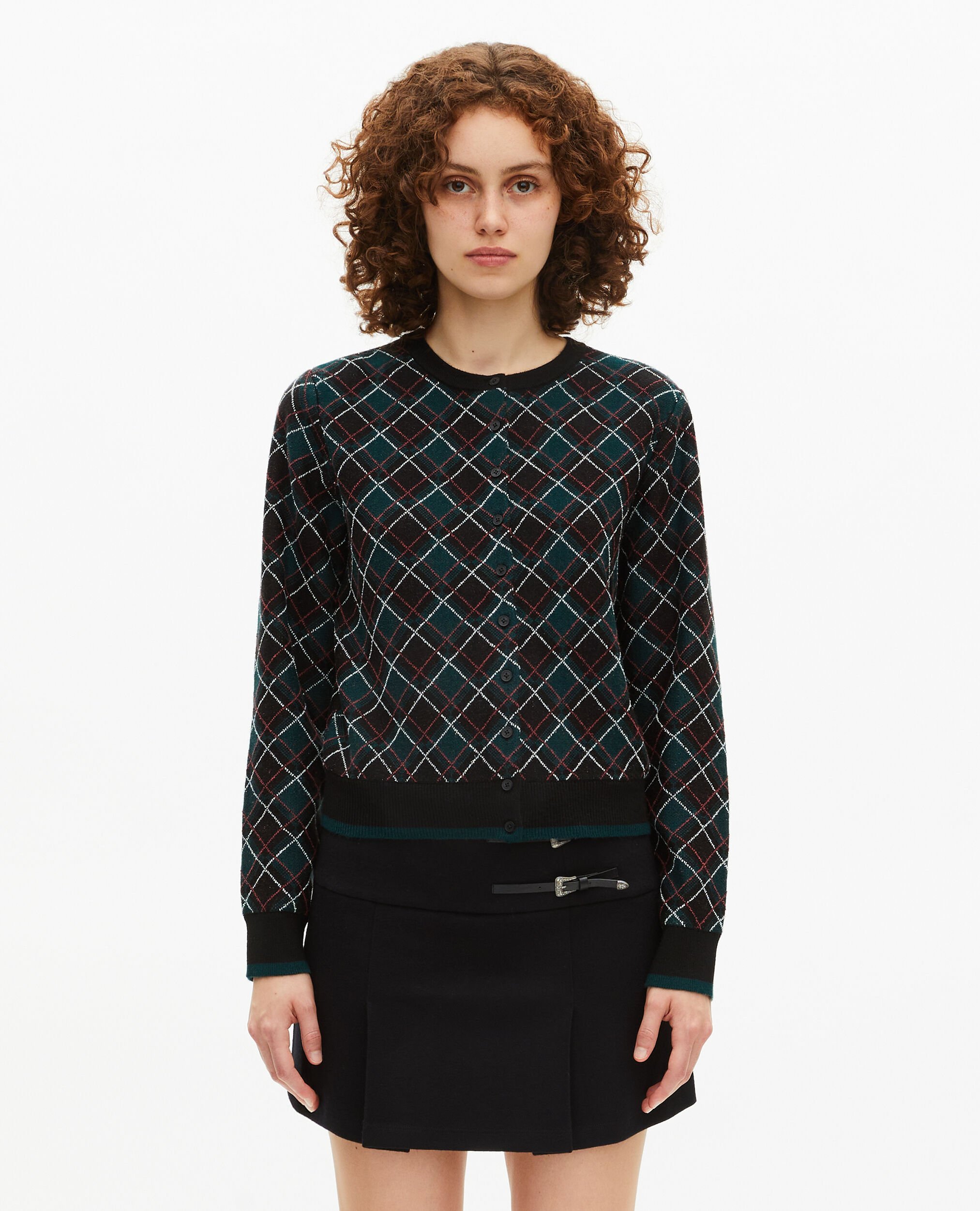 Black check cardigan, BLACK DARK GREEN, hi-res image number null
