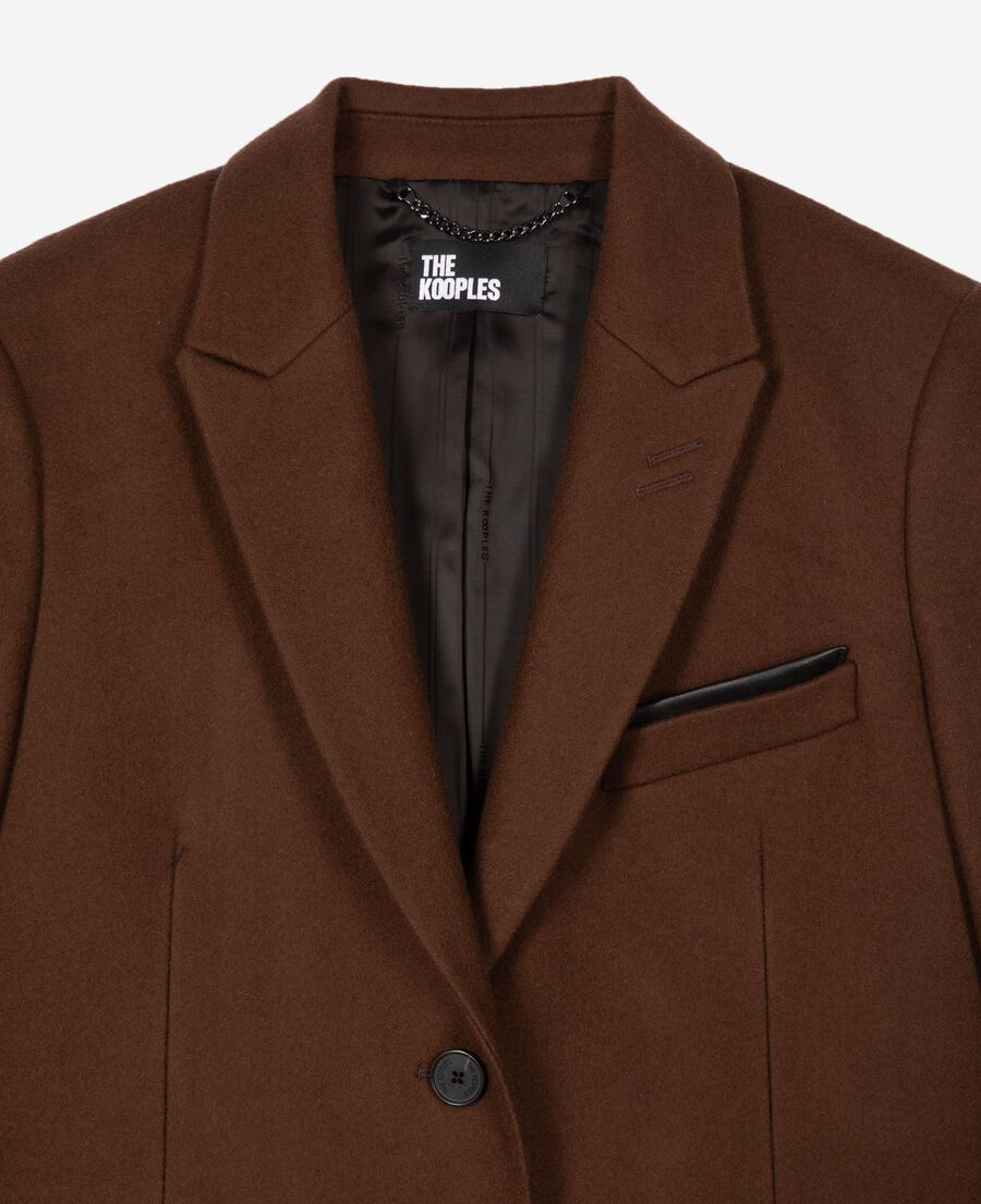The Kooples WOMEN CHOCOLATE long wool coat with brown leather details