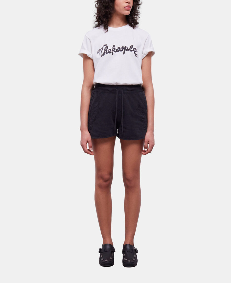 The Kooples WOMEN BLACK WASHED black fleece shorts with western-style embroidery