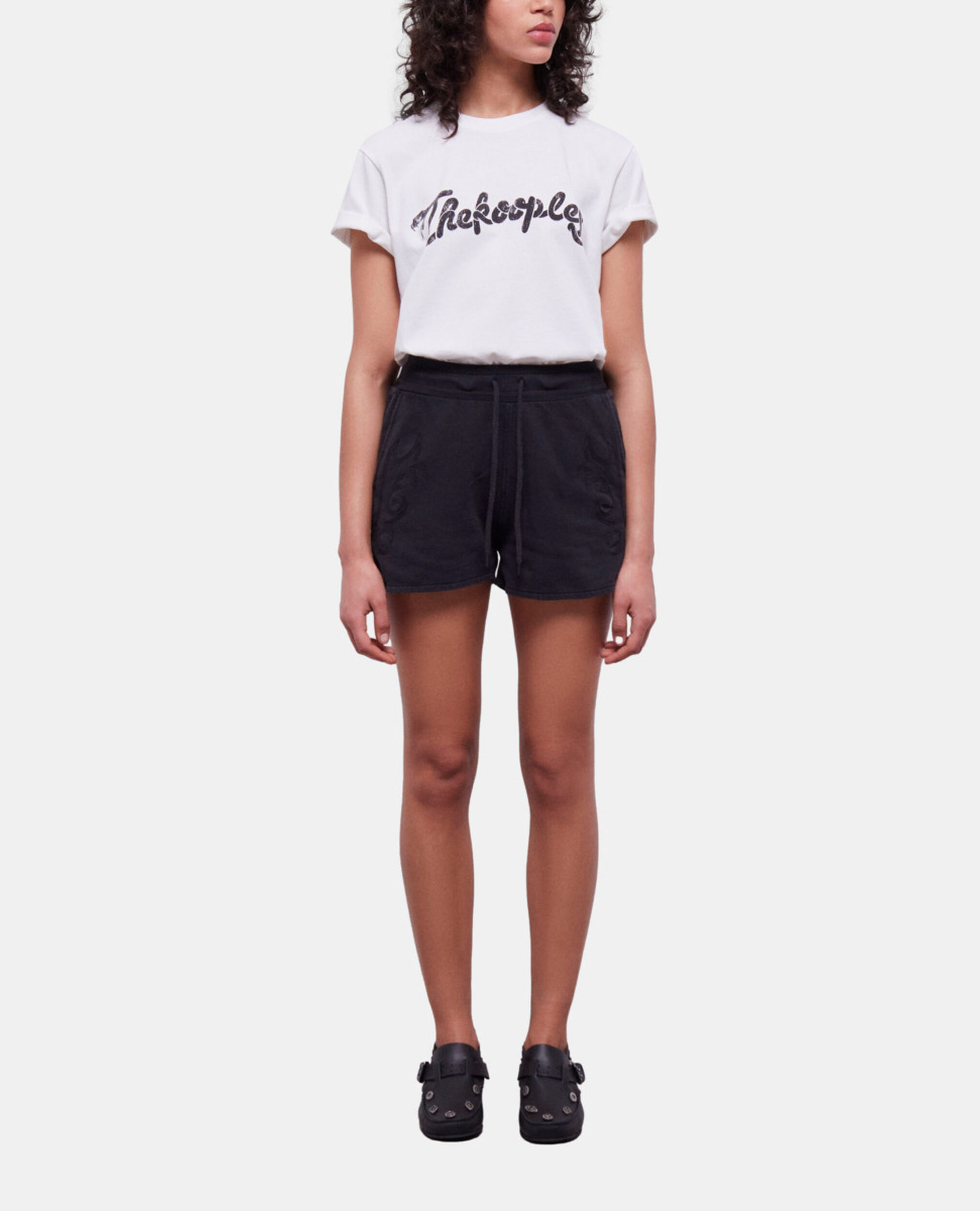 Black fleece shorts with Western-style embroidery, BLACK WASHED, hi-res image number null