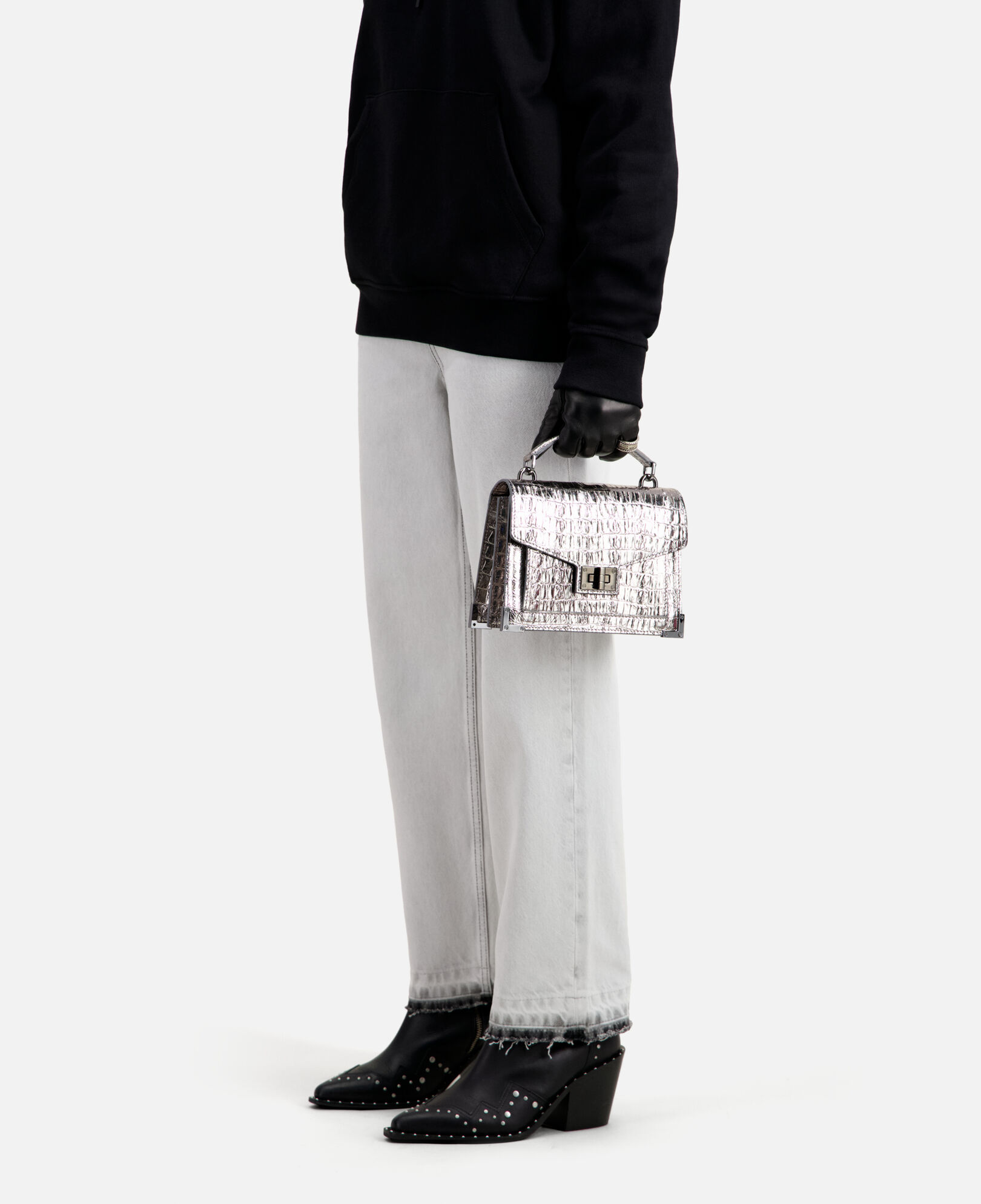 The Kooples WOMEN ANTIC SILVER emily small bag in silver crocodile-effect leather 
