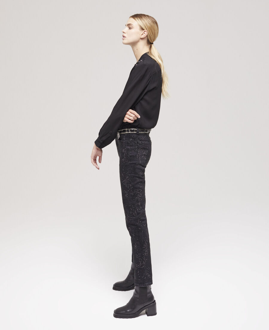 schwarze jeans mit slim-fit-passform und logo mit strassbesatz