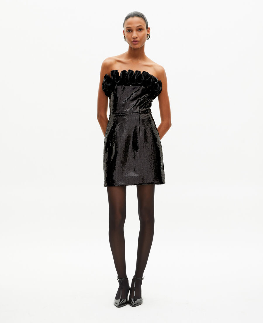 The Kooples FEMME BLACK robe bustier courte sequins avec détail effet cuir noire
