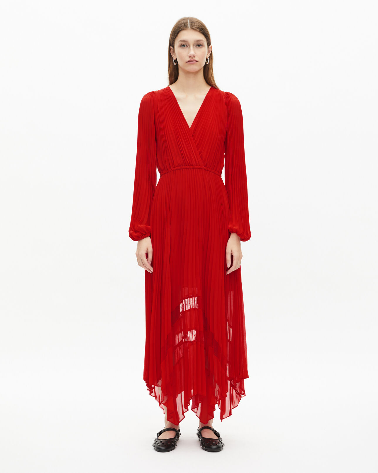 The Kooples FEMME RED robe longue plissée rouge