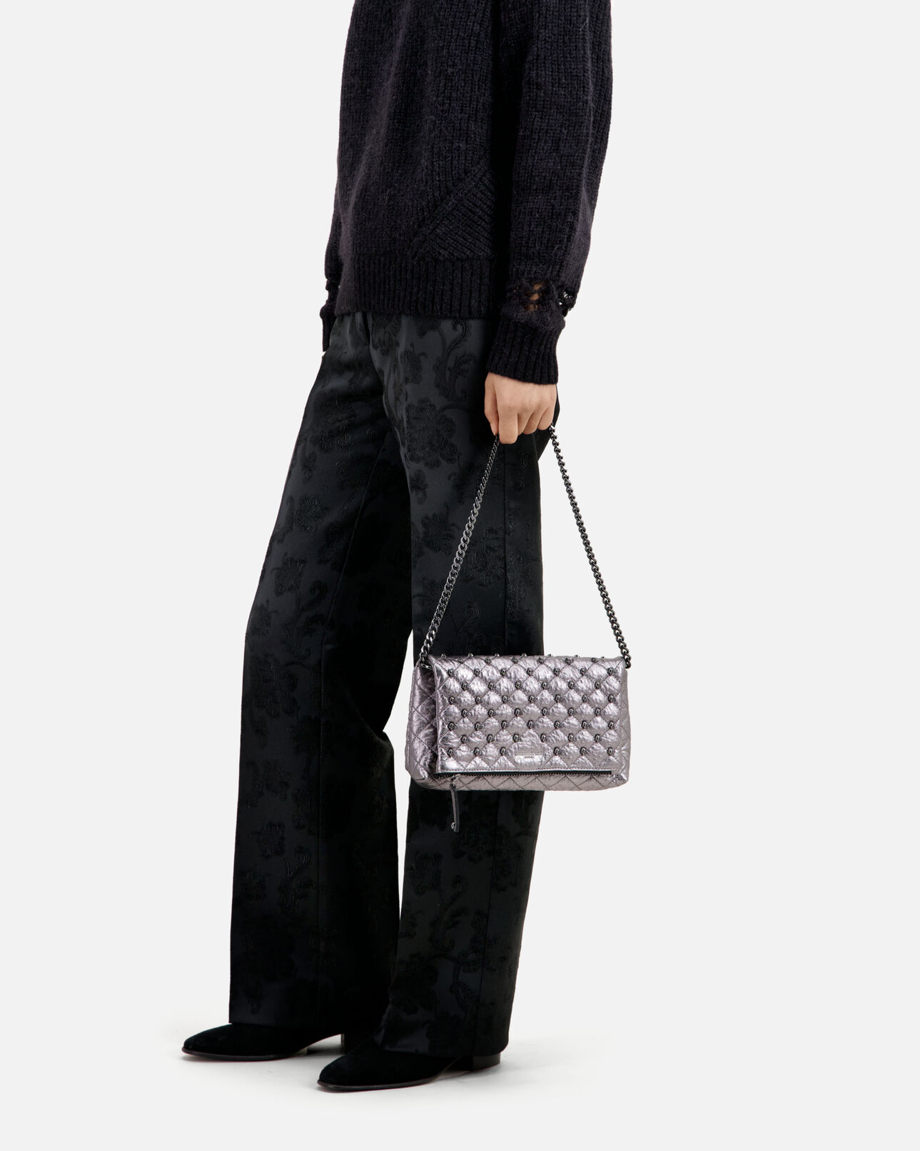 The Kooples WOMEN GUN METAL small gunmetal leather pouch with skulls