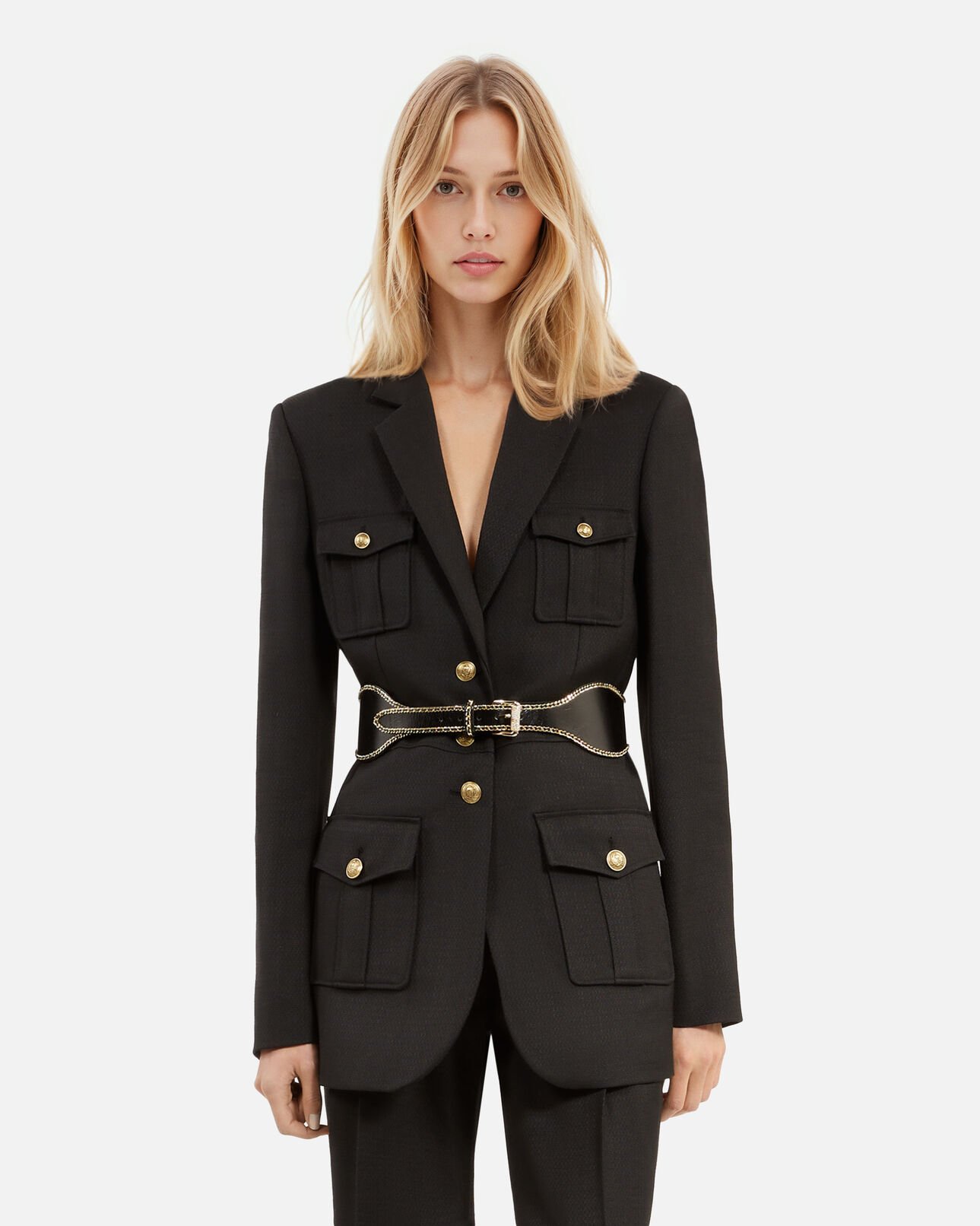 The Kooples DAMEN BLACK breiter, schwarzer ledergürtel mit kettchen