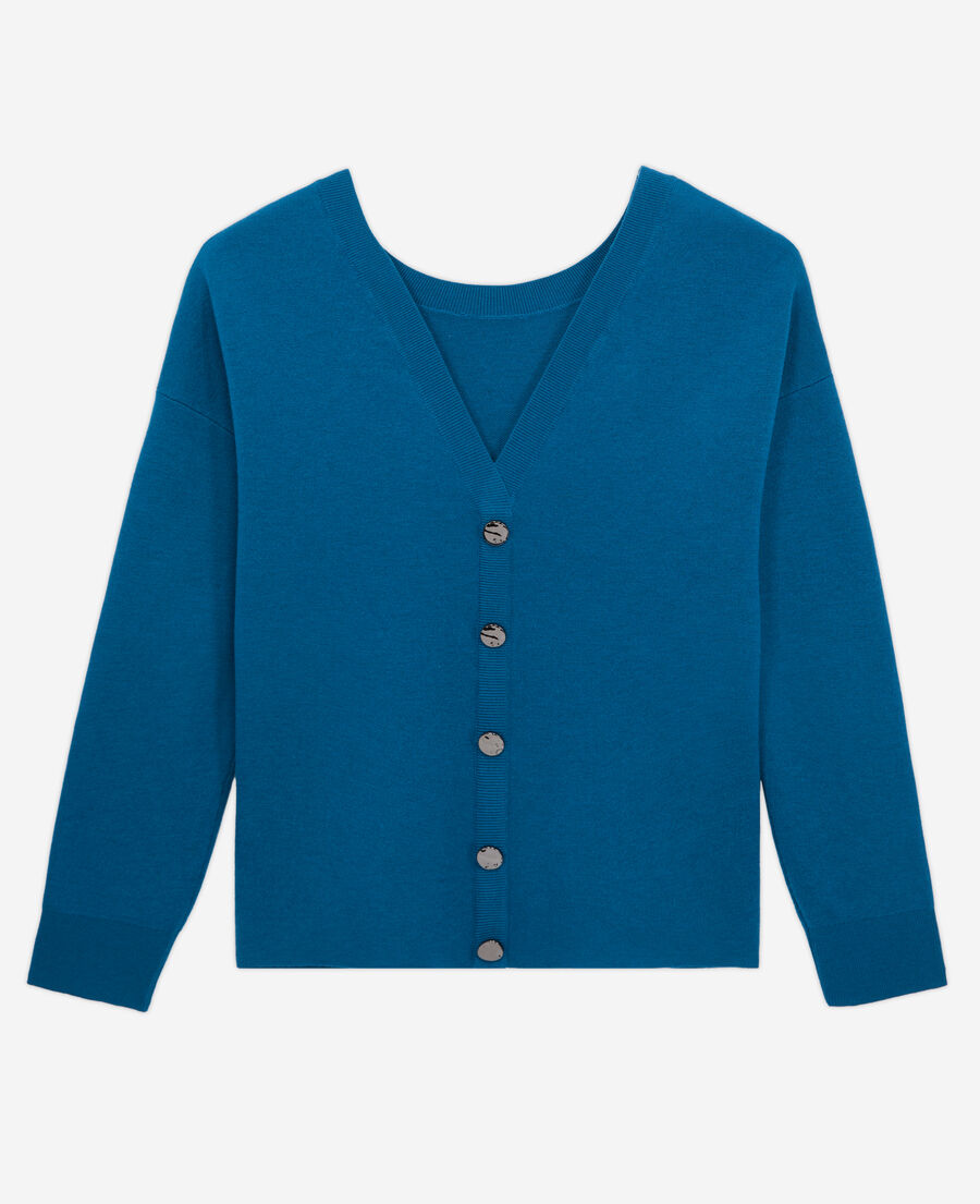 blue sweater with buttoning on the back