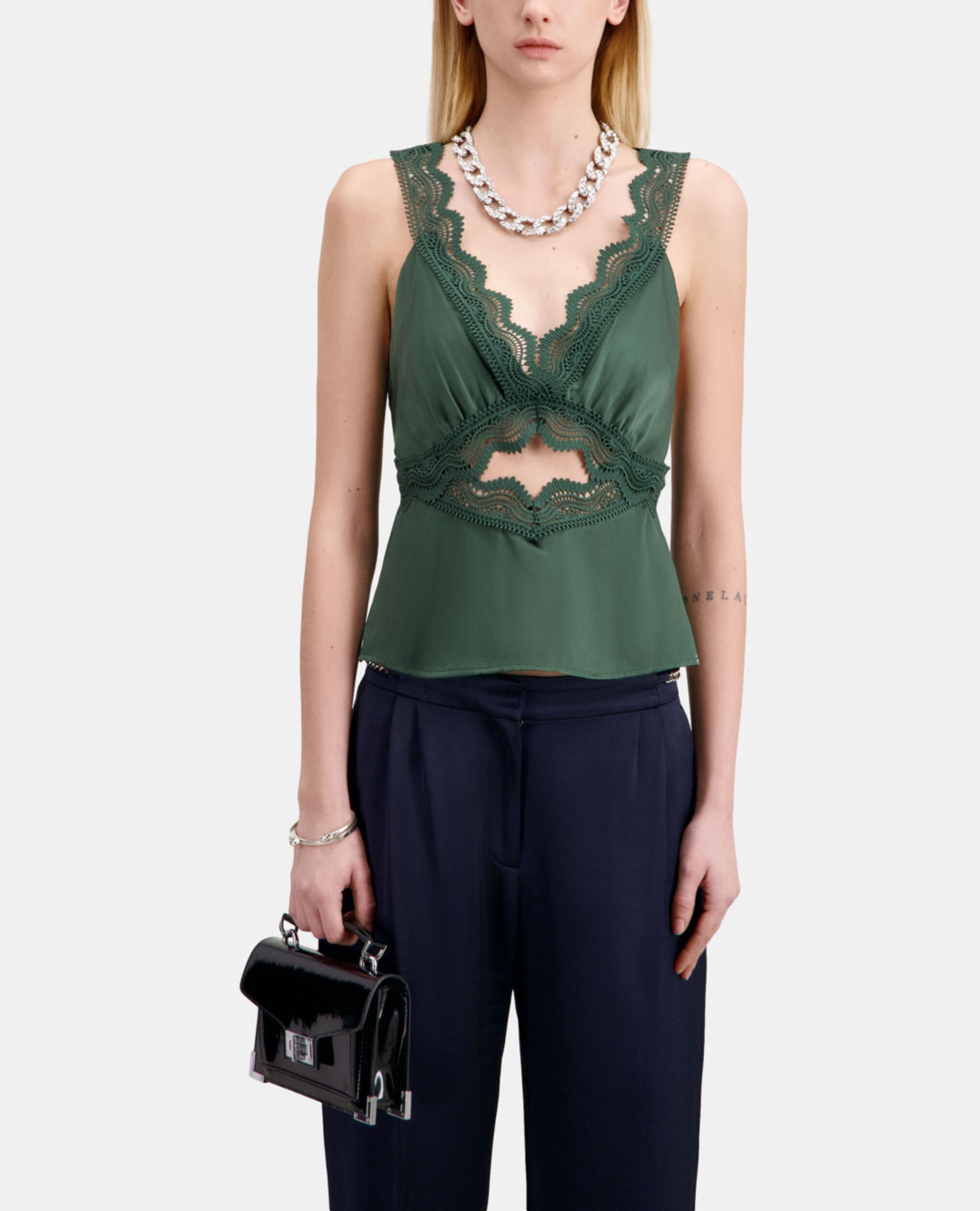 Green top with guipure, WOOD KAKI, hi-res image number null