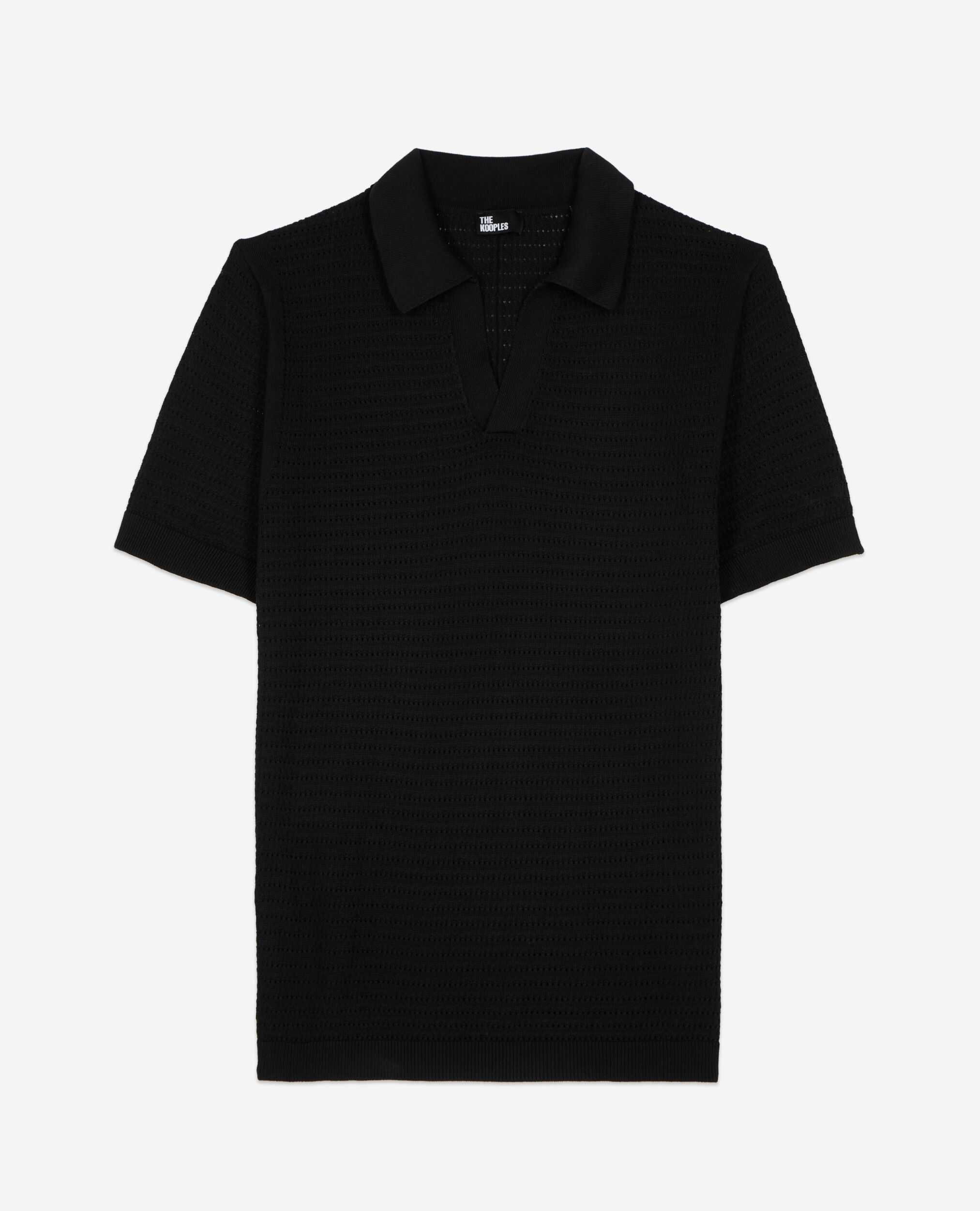 Black openwork knit polo t-shirt, BLACK, hi-res image number null
