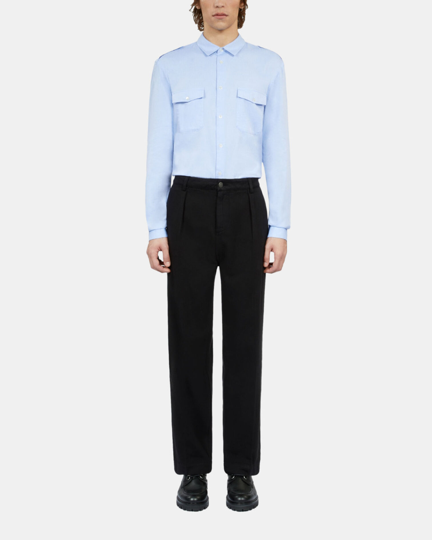 Black cotton and linen trousers with pleats, BLACK, hi-res image number null