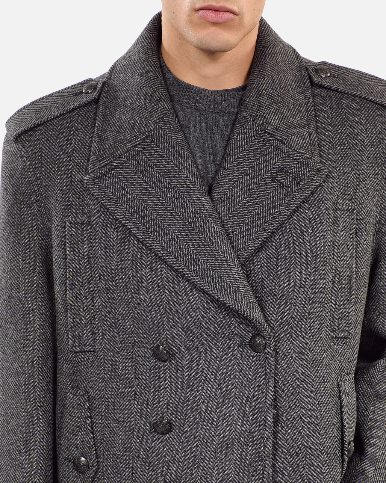 The Kooples MEN BLACK GREY black herringbone wool blend pea coat