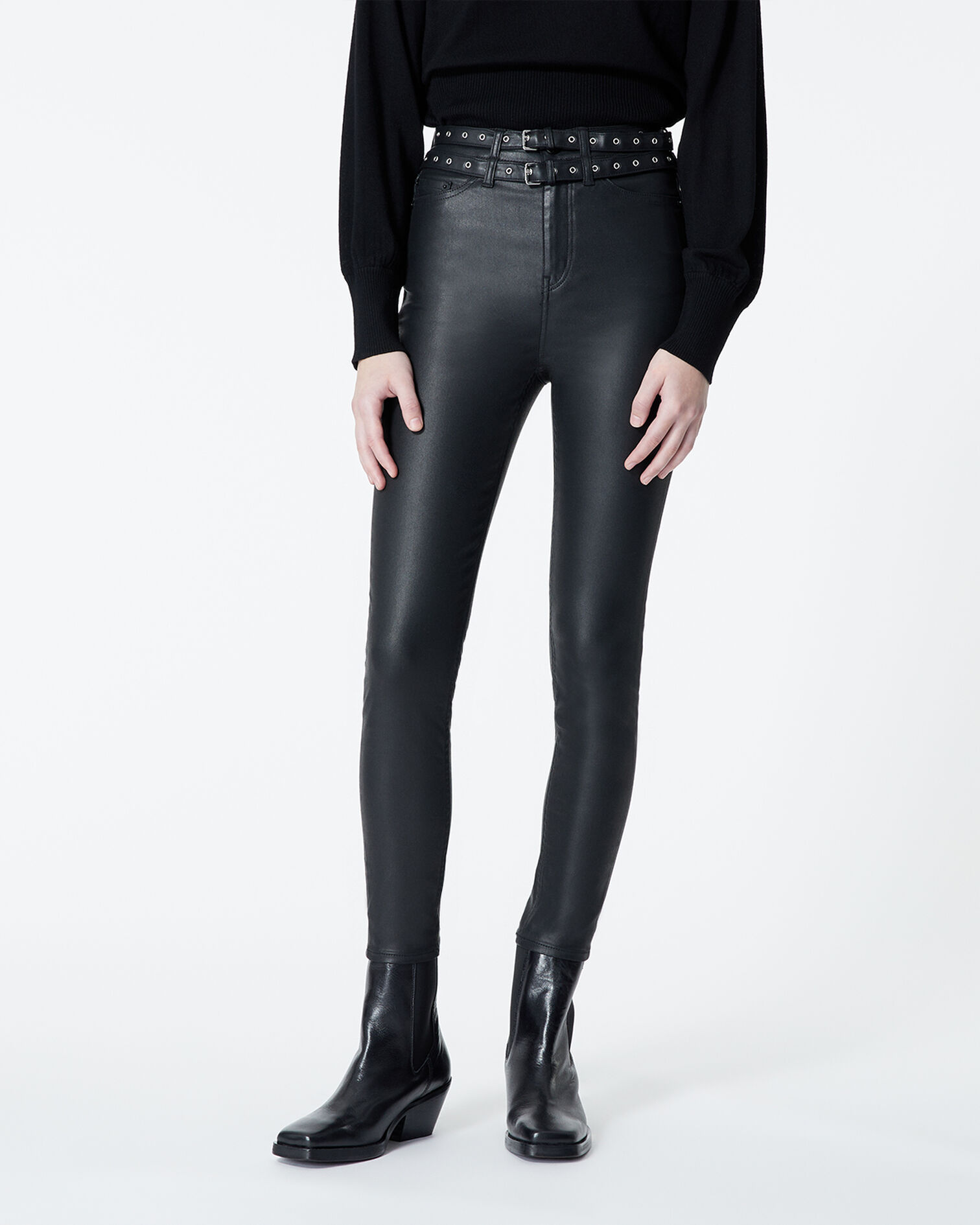 Faux leather jeans with double belt, BLACK, hi-res image number null