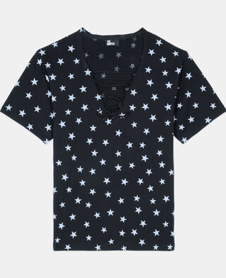 The Kooples DAMEN BLACK WASHED schwarzes t-shirt mit sterne-print
