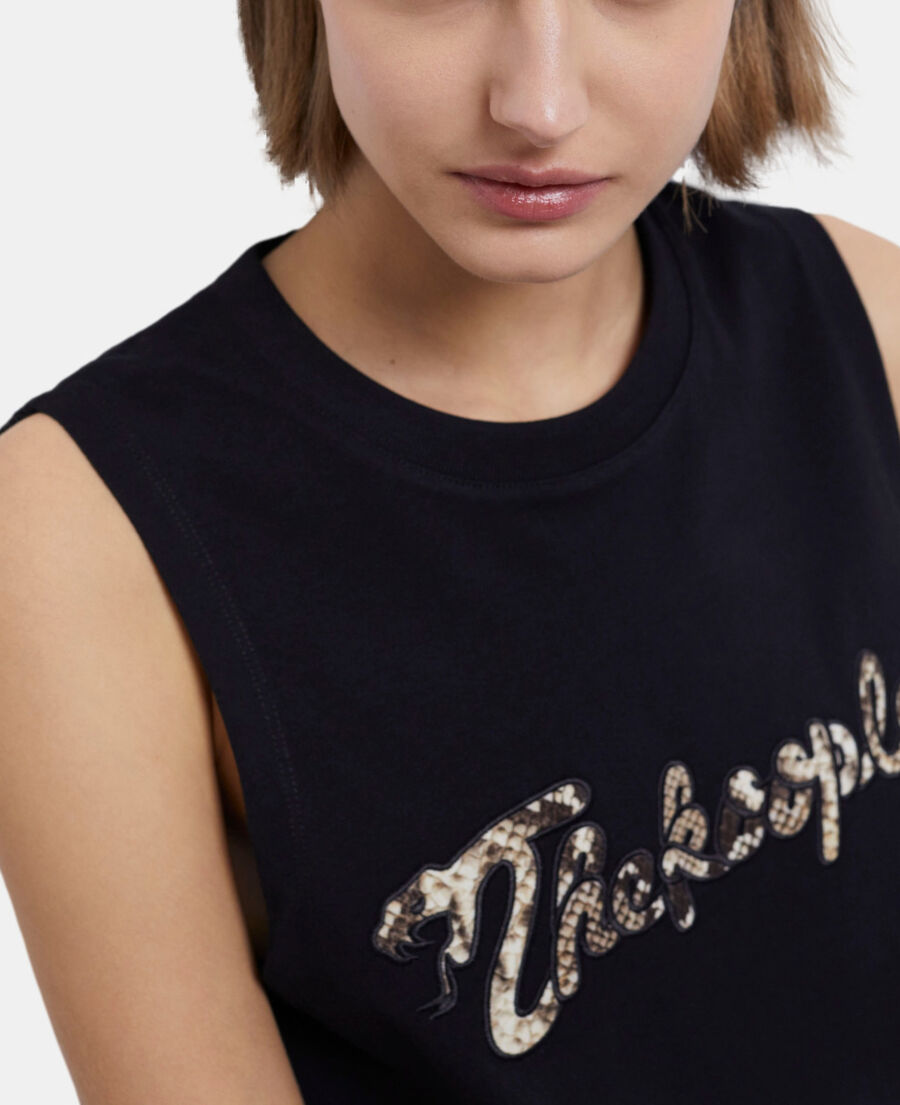 women's black t-shirt with snake logo print