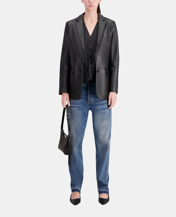 black leather suit jacket