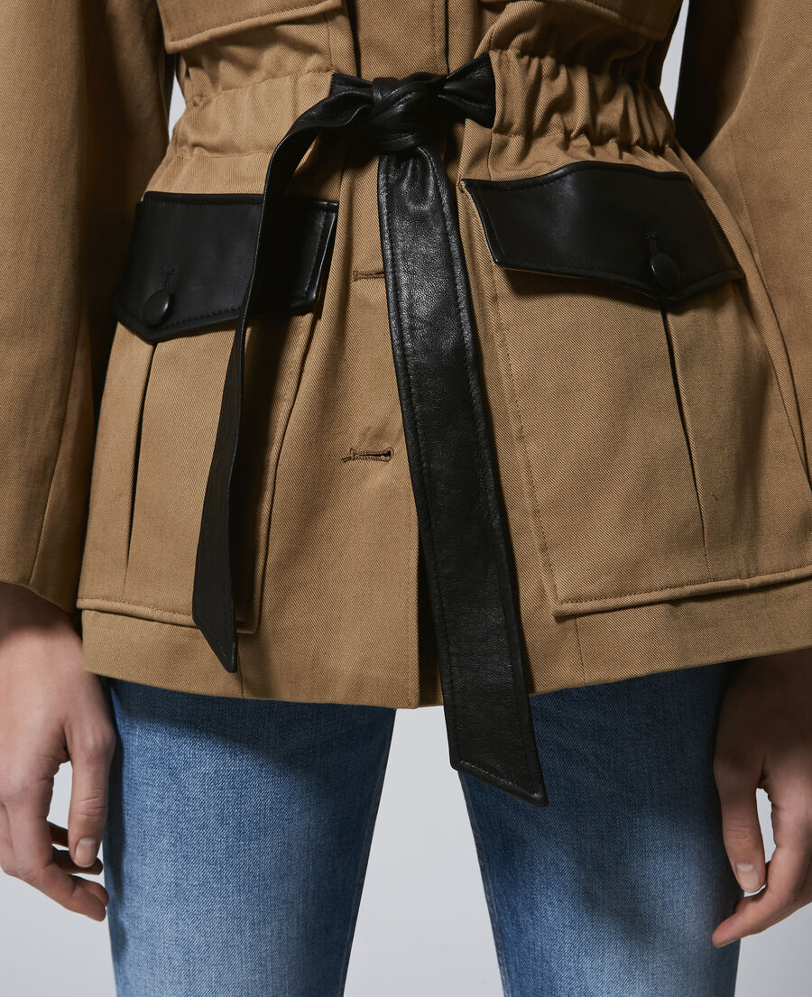  beige cotton jacket with belt and leather