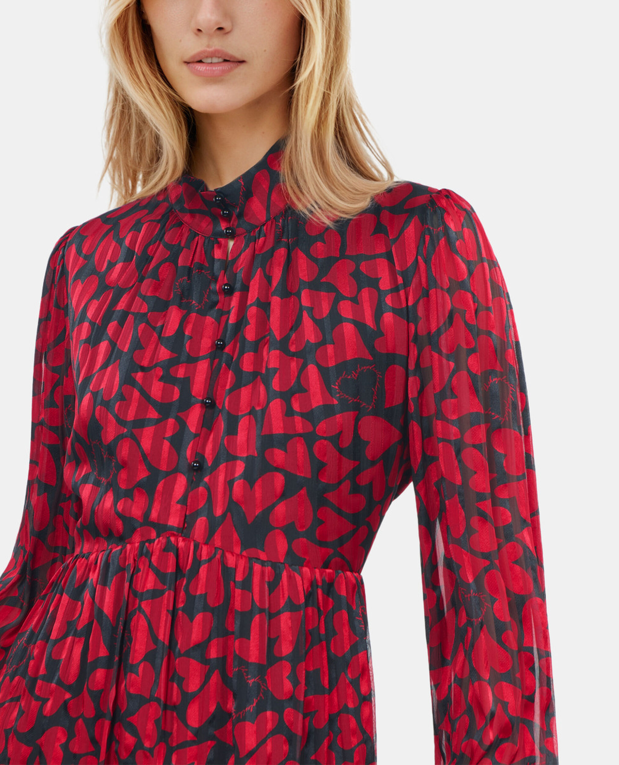 Short pleated heart print dress, BLACK - RED, hi-res image number null