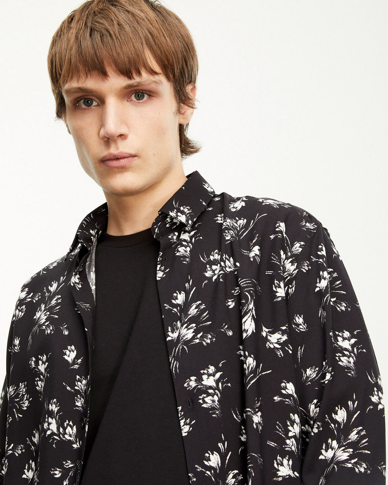 Flowing black and white floral shirt, BLACK WHITE, hi-res image number null