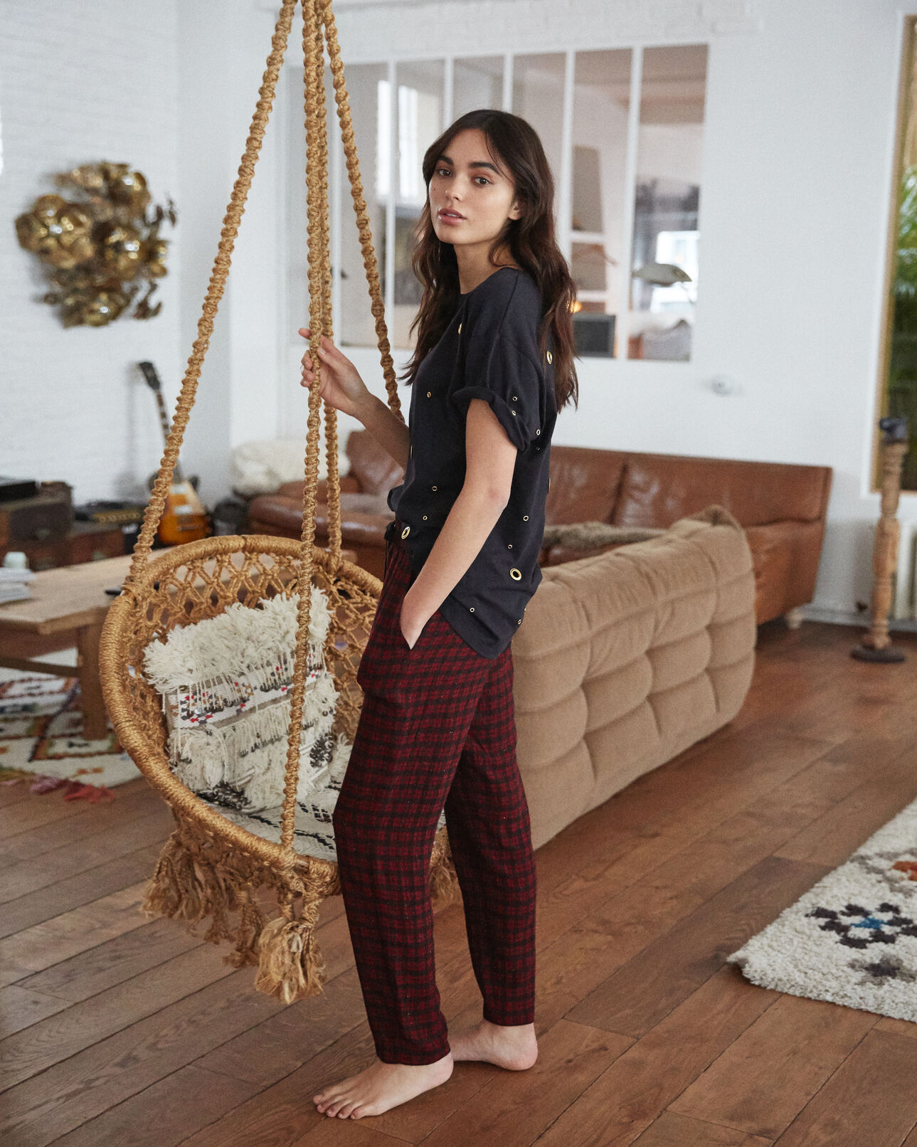 The Kooples FEMME BLACK - BURGUNDY pantalon carreaux noirs et bordeaux