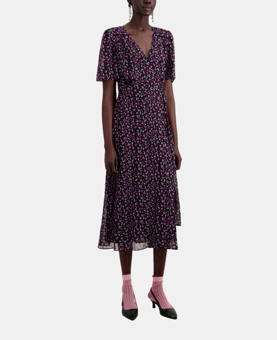 The Kooples FEMME BLACK / PINK robe portefeuille longue imprimée