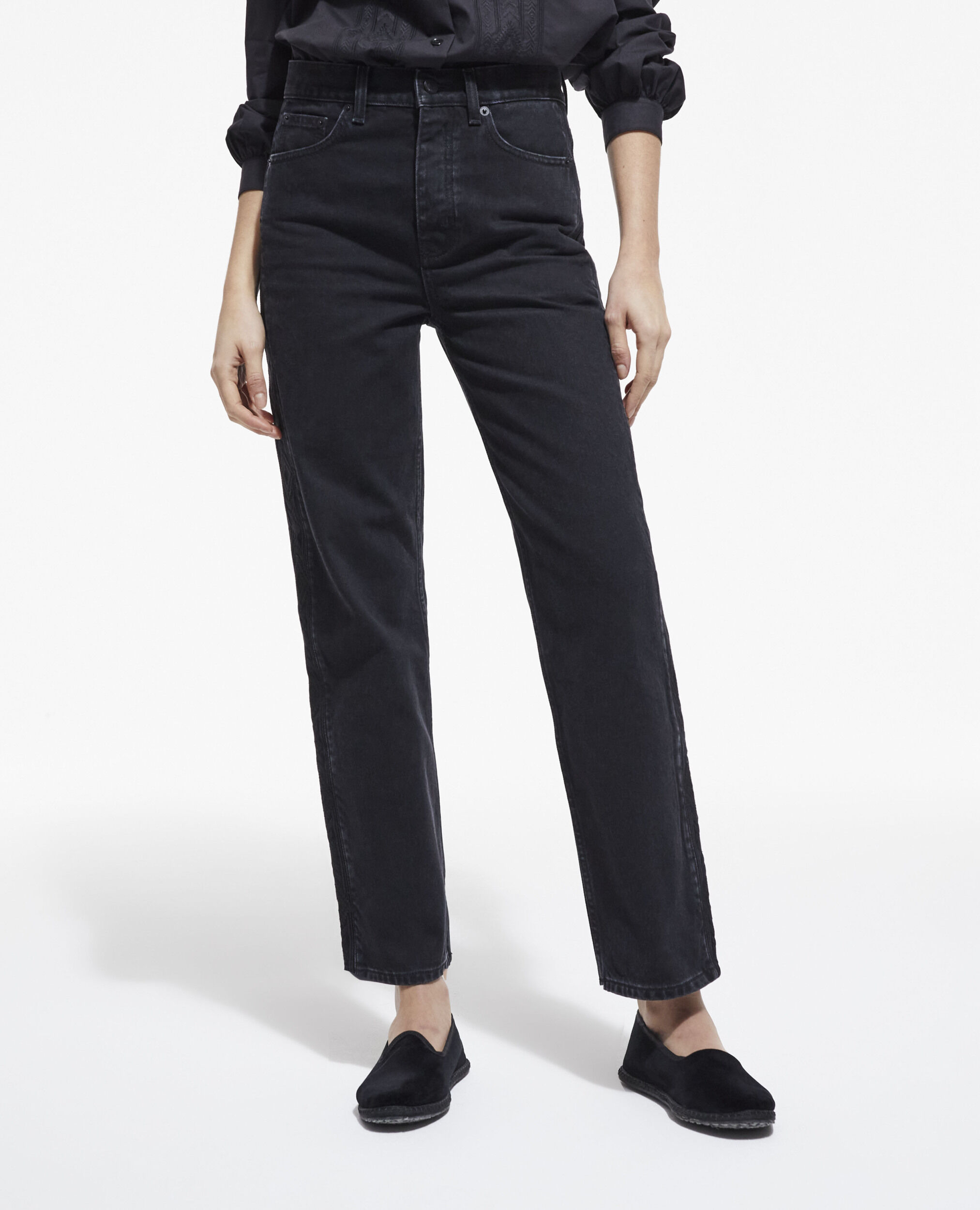 Schwarze Jeans mit geradem Bein und Stickerei, BLACK WASHED, hi-res image number null