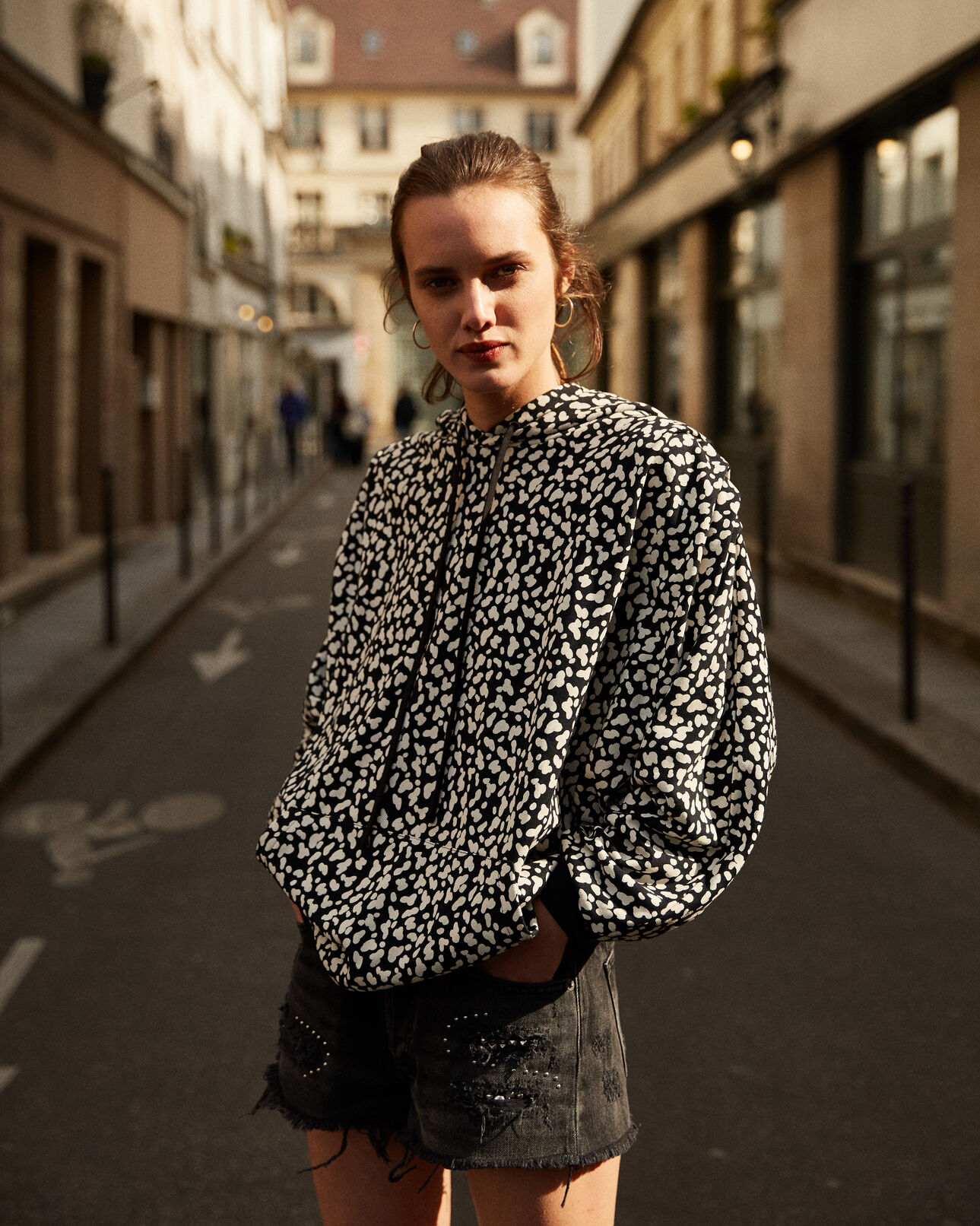 The Kooples WOMEN BLACK WHITE LEOPARD black patterned fleece sweatshirt