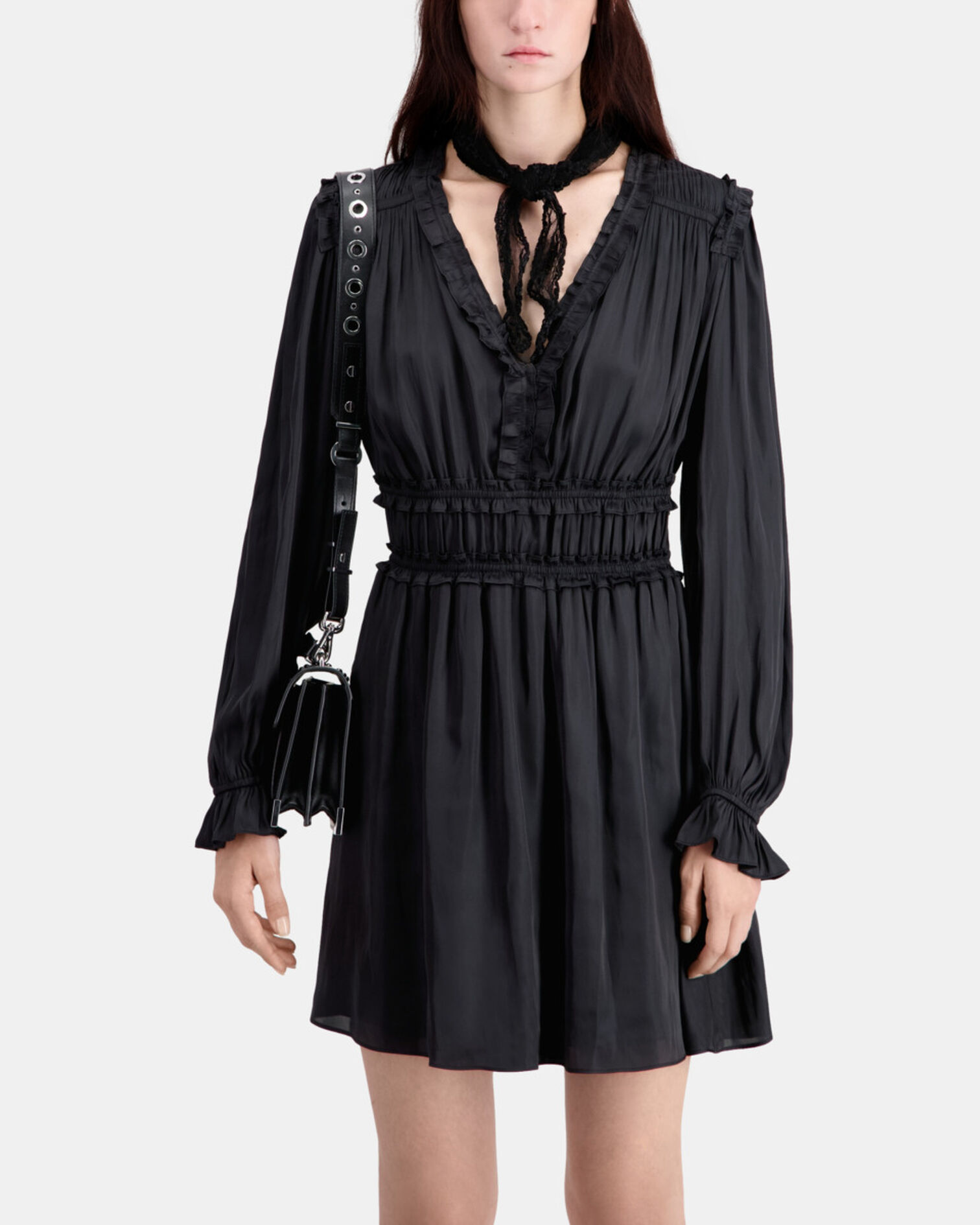 Schwarzes kurzes Kleid mit Raffungen, BLACK, hi-res image number null