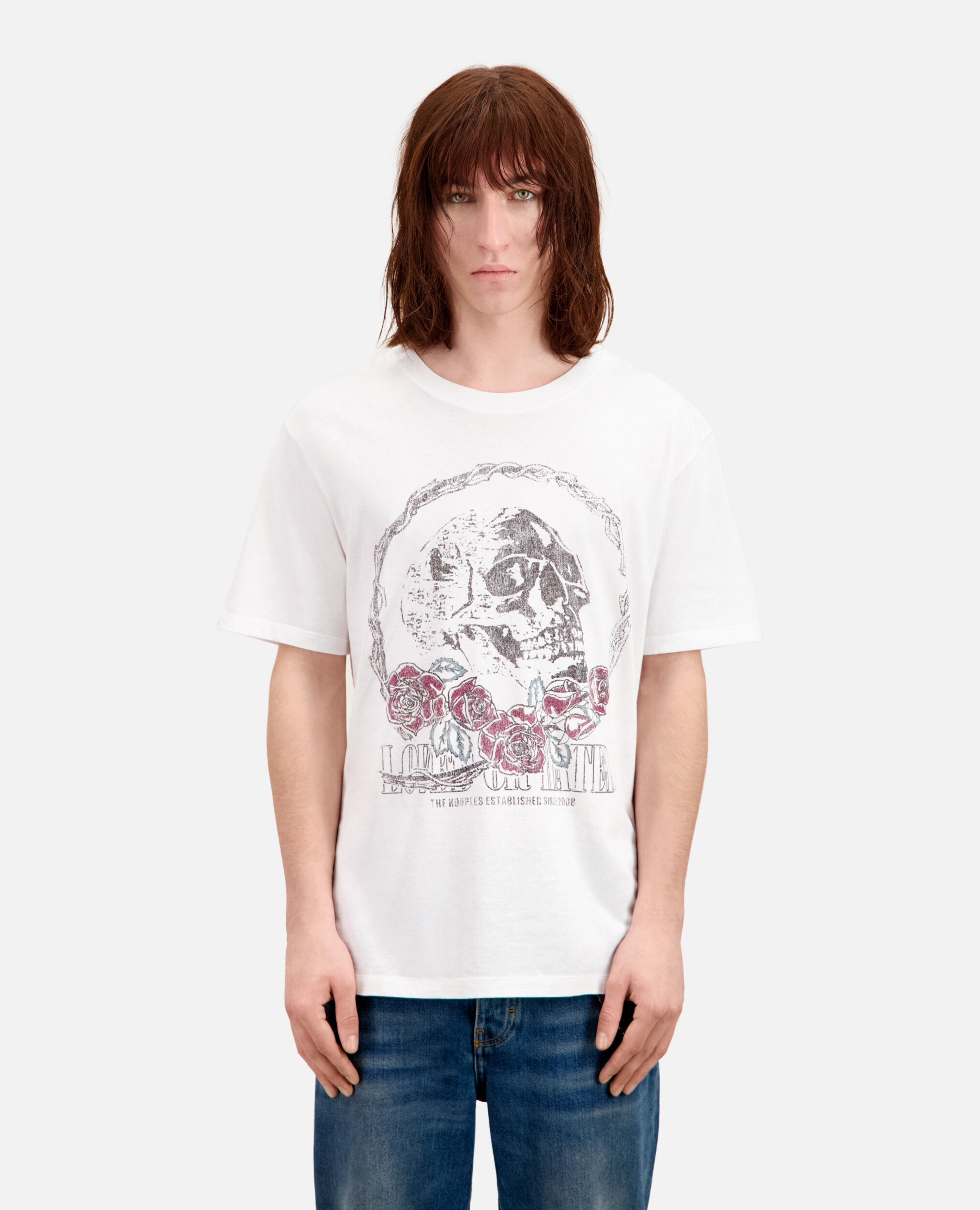 Men's white t-shirt with vintage skull serigraphy, WHITE, hi-res image number null