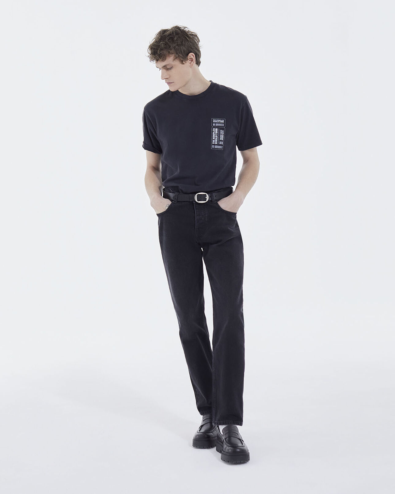 The Kooples MEN BLACK WASHED faded black cotton t-shirt with chest logo