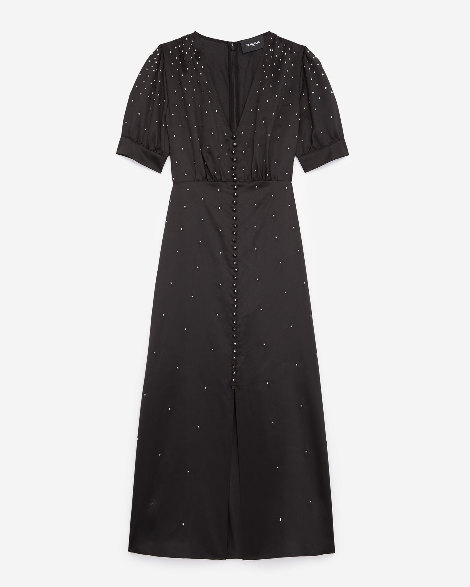 Satin long black dress with studs, BLACK, hi-res image number null