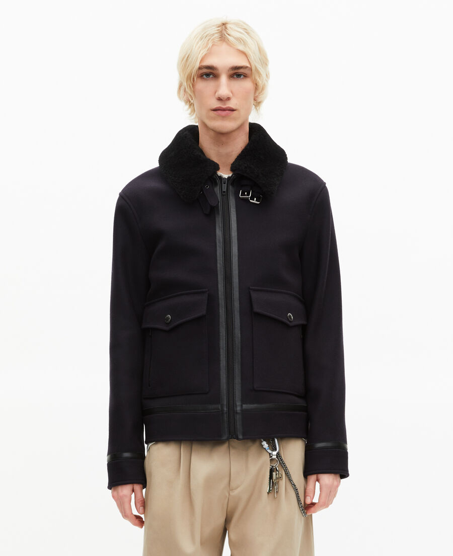 The Kooples MEN NAVY navy wool jacket with sherpa collar