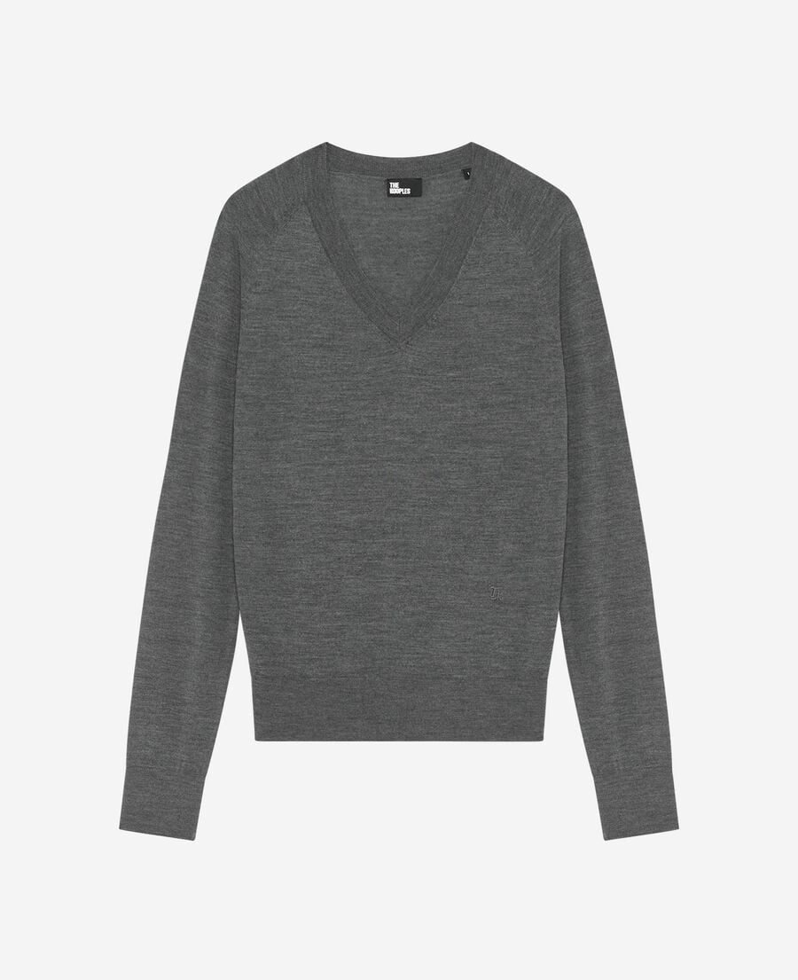The Kooples FEMME DARK GREY MELANGE pull col v en laine mérinos gris