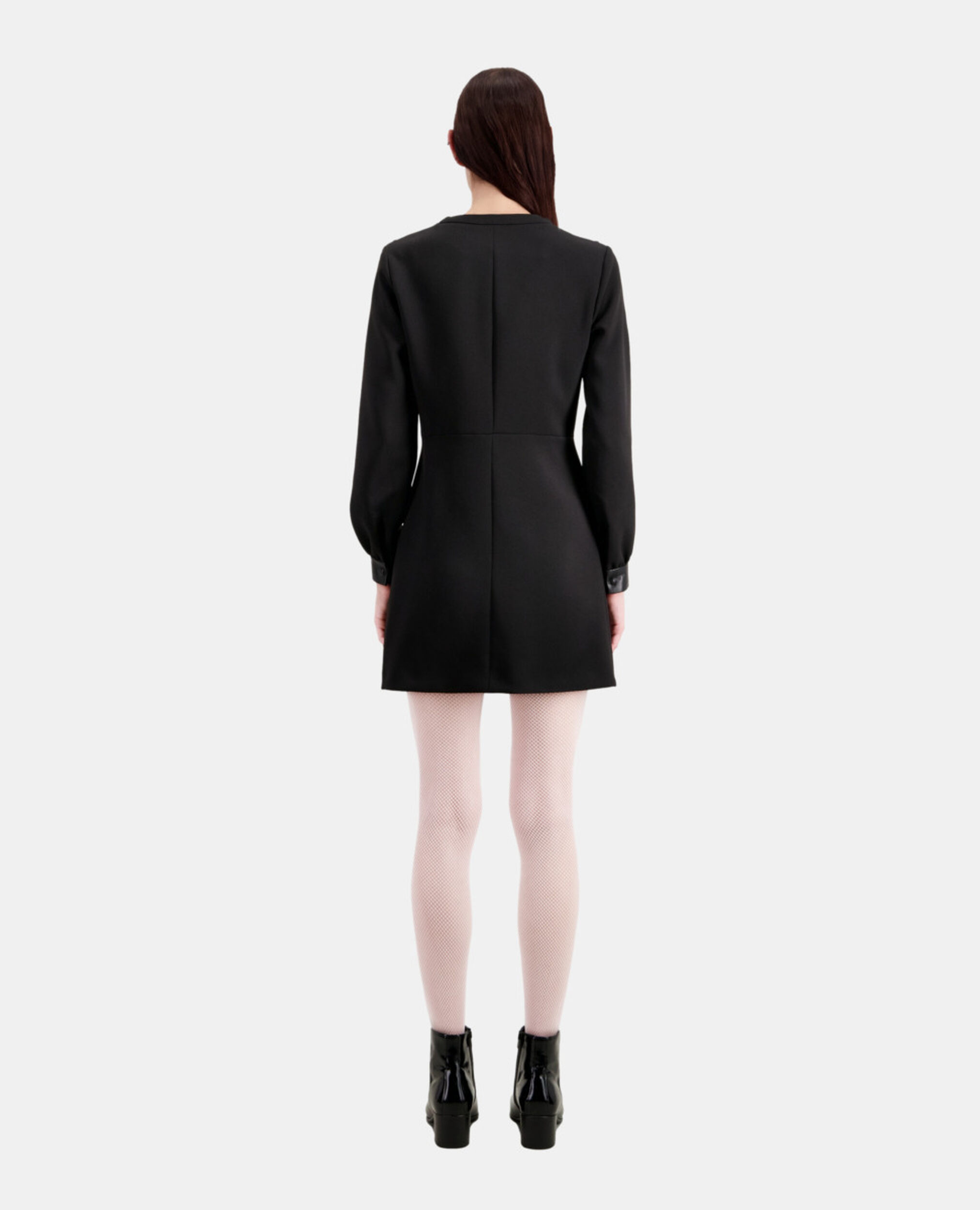 Robe courte en crêpe avec détails en cuir, BLACK, hi-res image number null