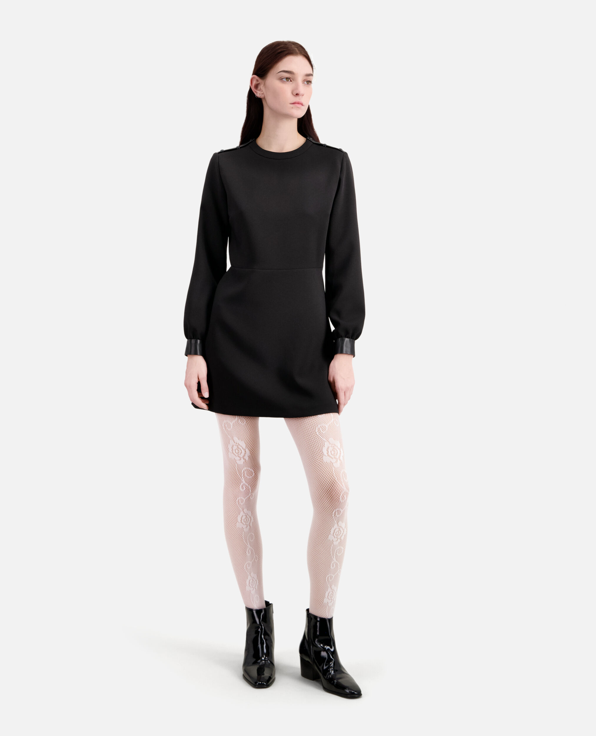 Short crepe dress with leather details, BLACK, hi-res image number null